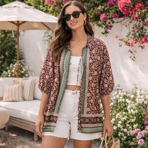 🌺👚Free People Border Batik Buttondown Top Blouse – XS 6